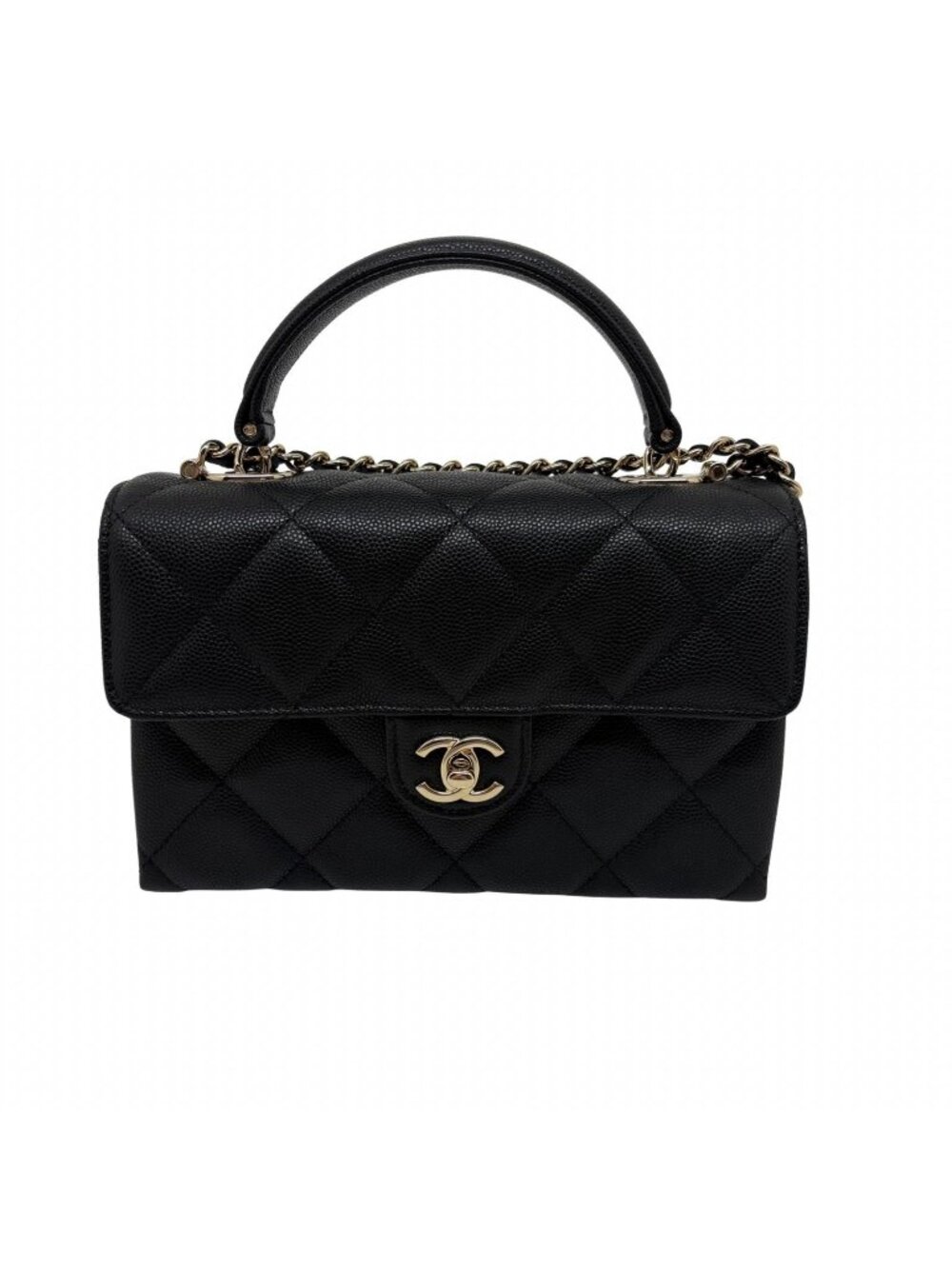 Chanel Quilted Top Handle Chain Shoulder Black Silver Bag Caviar Leather